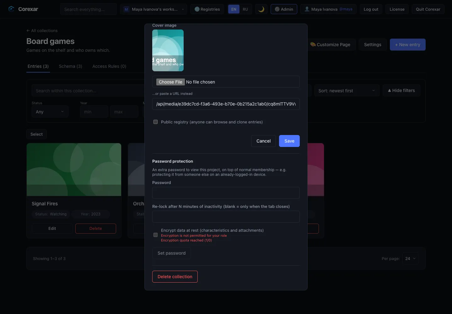 Protection settings of a collection: password, auto-lock, encryption, title mode and search strategy.