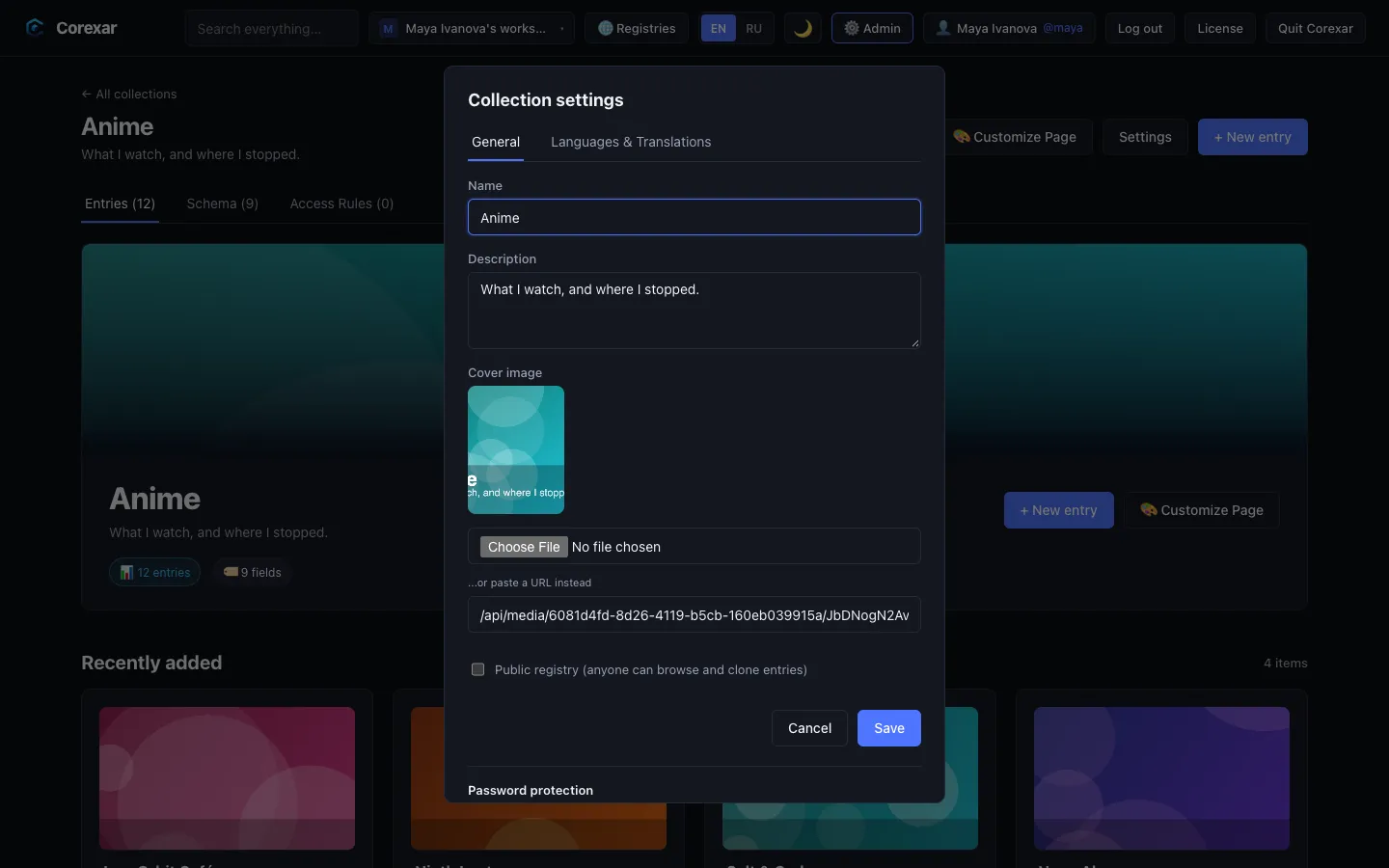 Collection settings: name, cover, public registry and password protection.