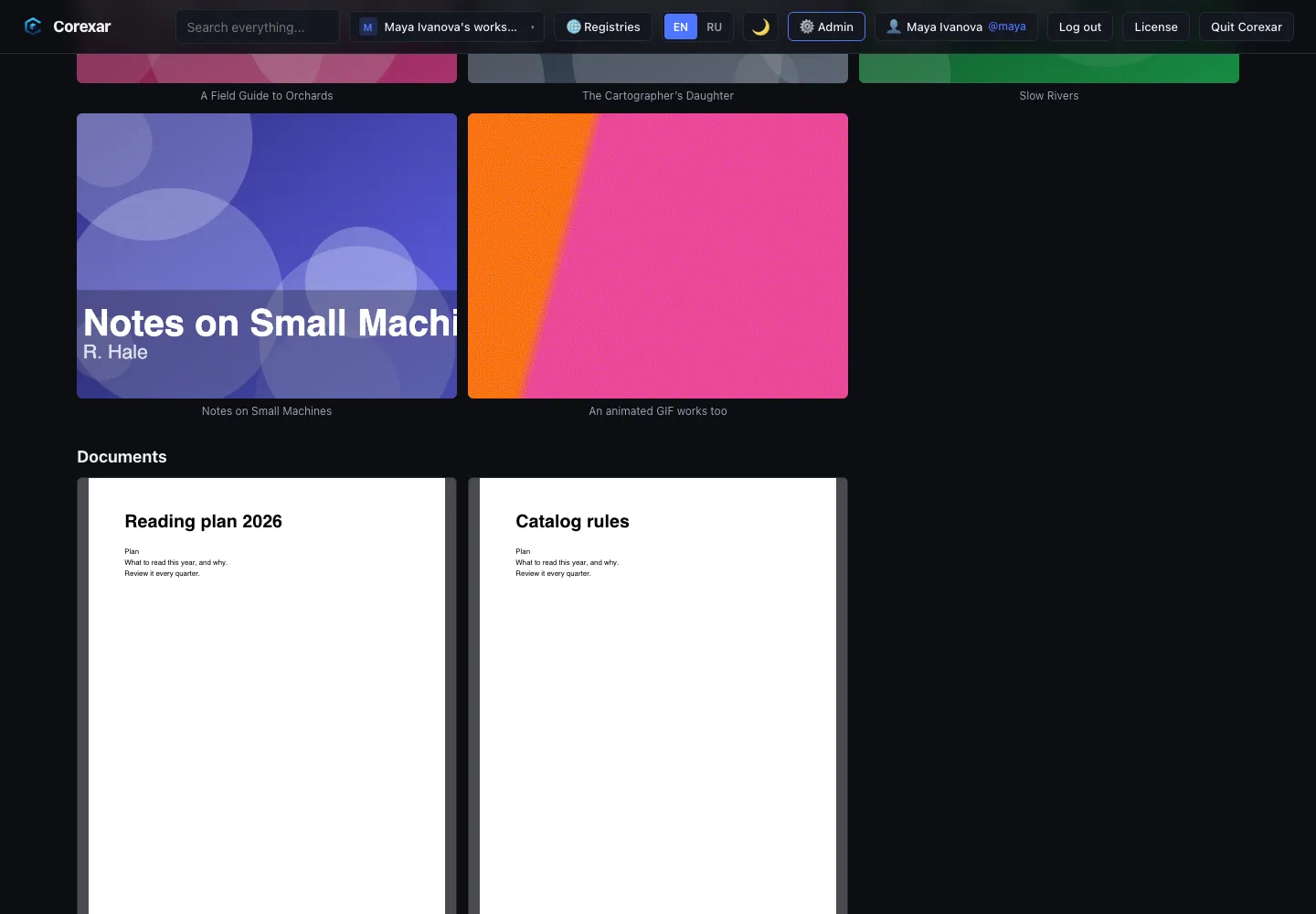 A documents block as a grid of cards with the first page of each PDF.