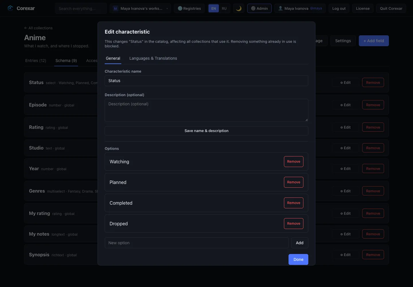 Editing a characteristic: name, description and options.