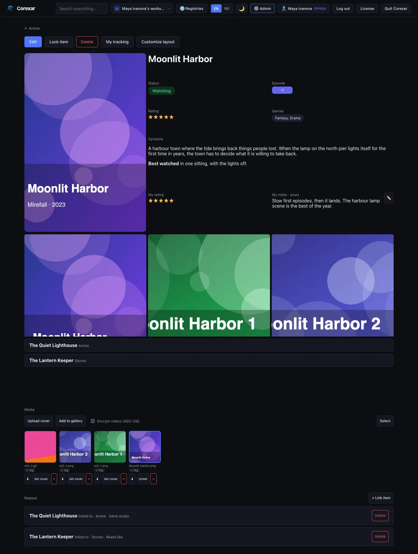An entry page designed from blocks: cover, title, fields, a gallery and related entries.