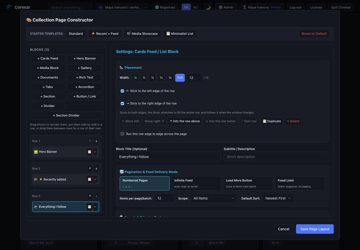 Settings of a cards feed.