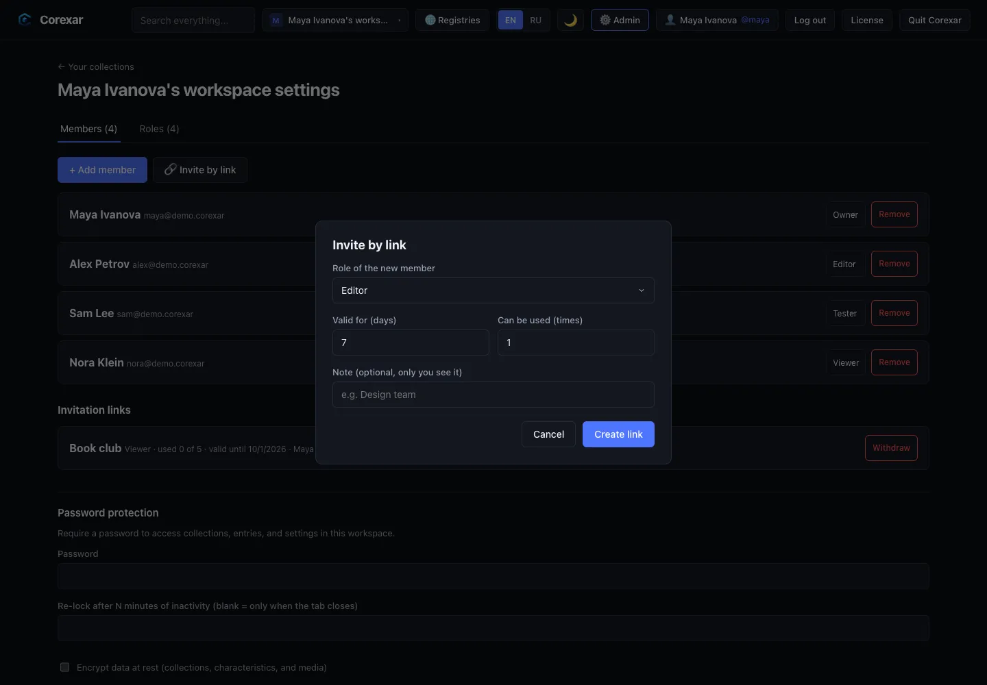 Creating an invitation link.