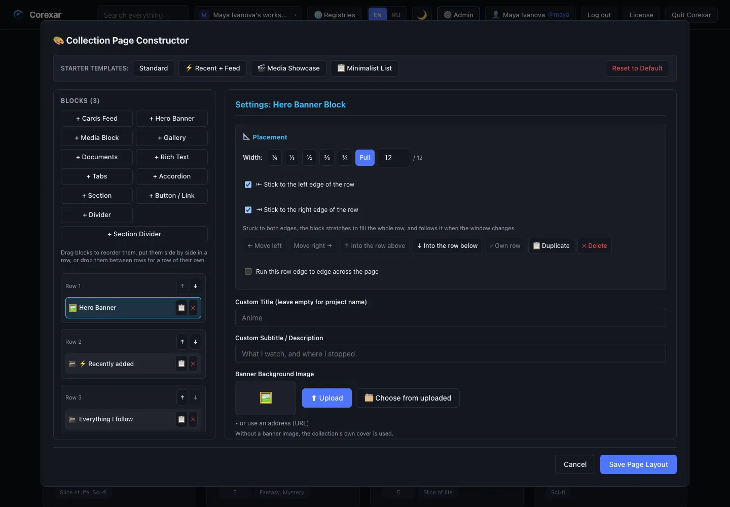 The collection page builder: blocks on the left, the rows, and the settings of the selected block on the right.