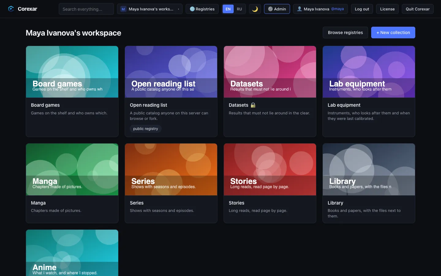 The collections page of a workspace, with the top bar.