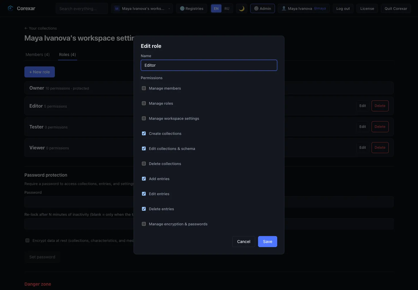 Editing a role: its name and the permissions ticked.