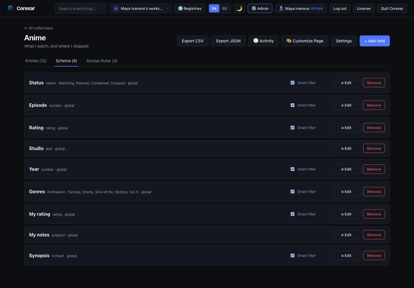 The Schema tab of a collection: every field, with its type and options.