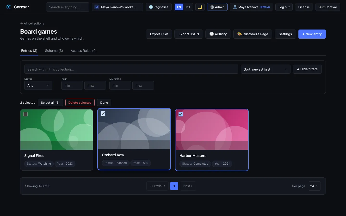 Select mode with two entries ticked.
